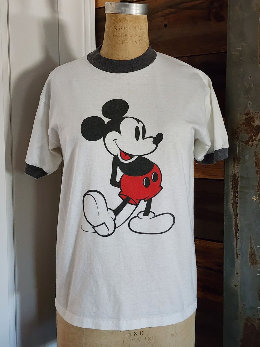 Vintage 80's Disney White Ringer Tee with Gray Trim and Mickey Graphic